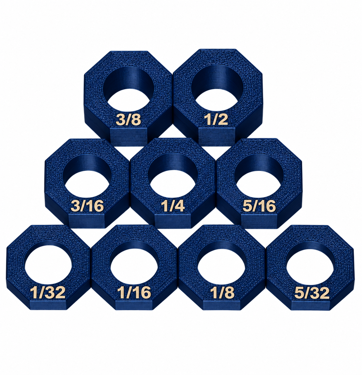 Blue PETG shotgun stock risers stacked by size, showing the laser-etched size markings and 1/2 inch bore