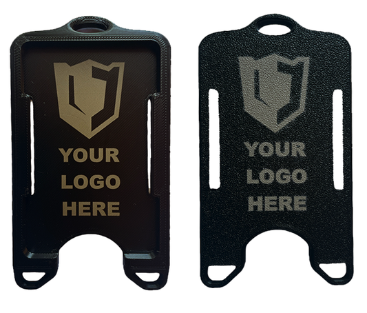 Black ID badge holder with a custom logo laser-etched on the front