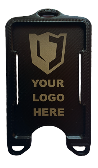 Custom laser-etched black ID badge holder shown at an angle