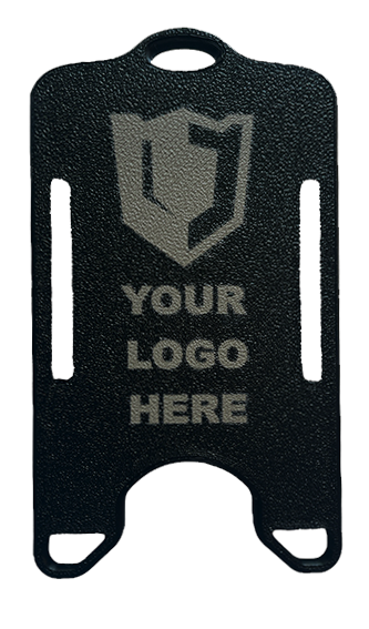 Back of the custom laser-etched black ID badge holder