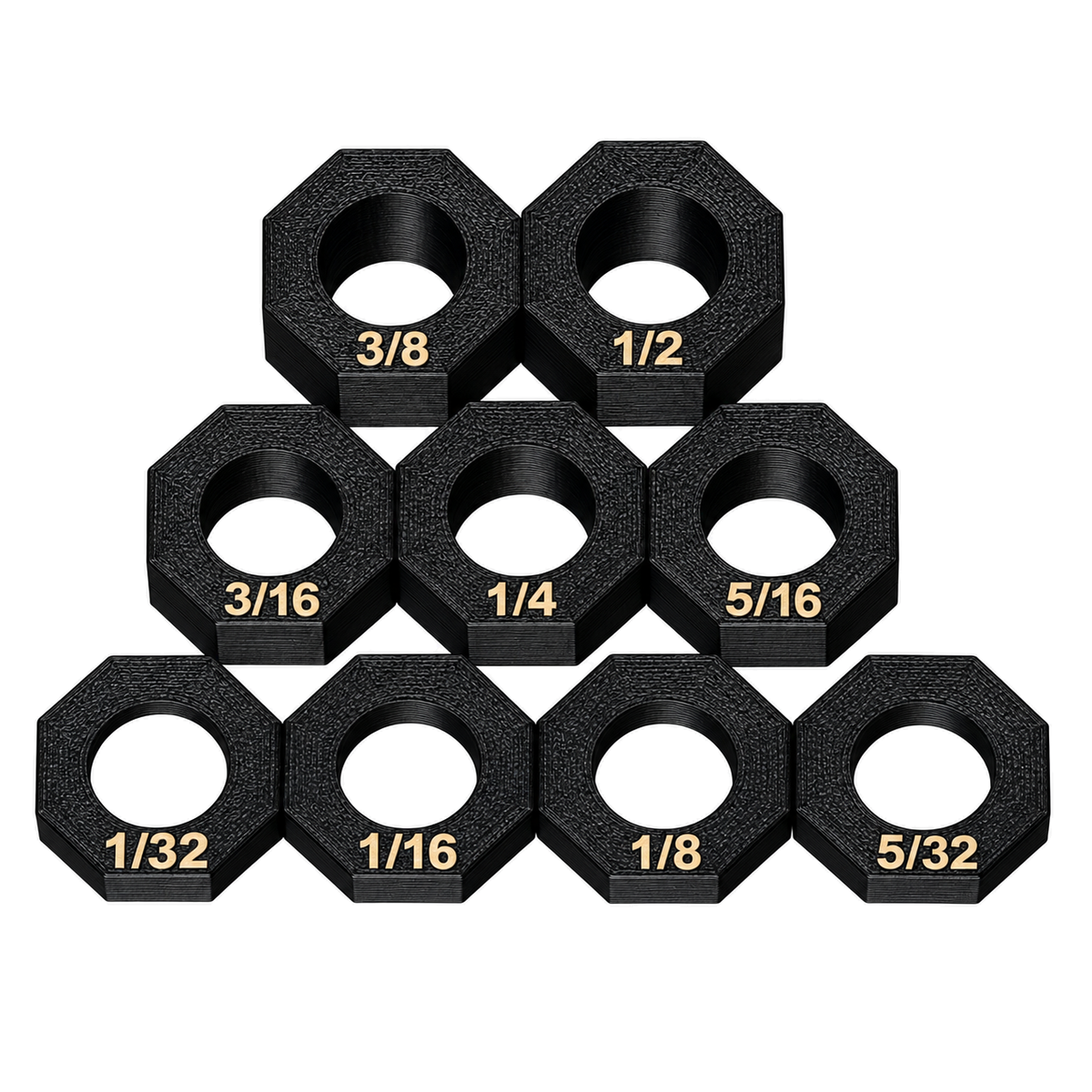 Set of eighteen black PETG shotgun stock risers in nine laser-etched sizes from 1/32 to 1/2 inch, arranged on a white background
