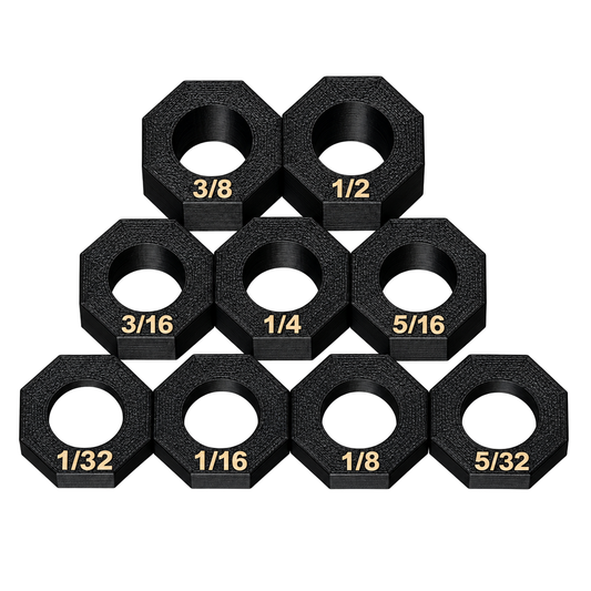 Set of eighteen black PETG shotgun stock risers in nine laser-etched sizes from 1/32 to 1/2 inch, arranged on a white background